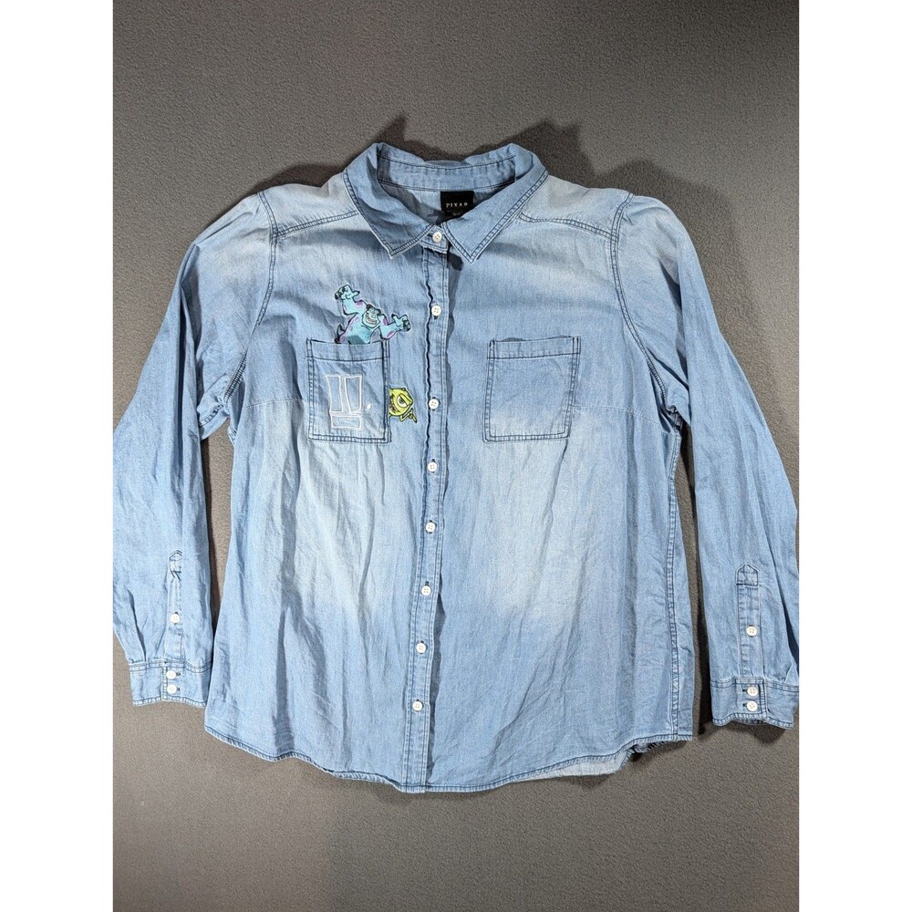 Pixar Monsters Inc Sulley Mike Embroidered Chambray Button Up Shirt Size 1X